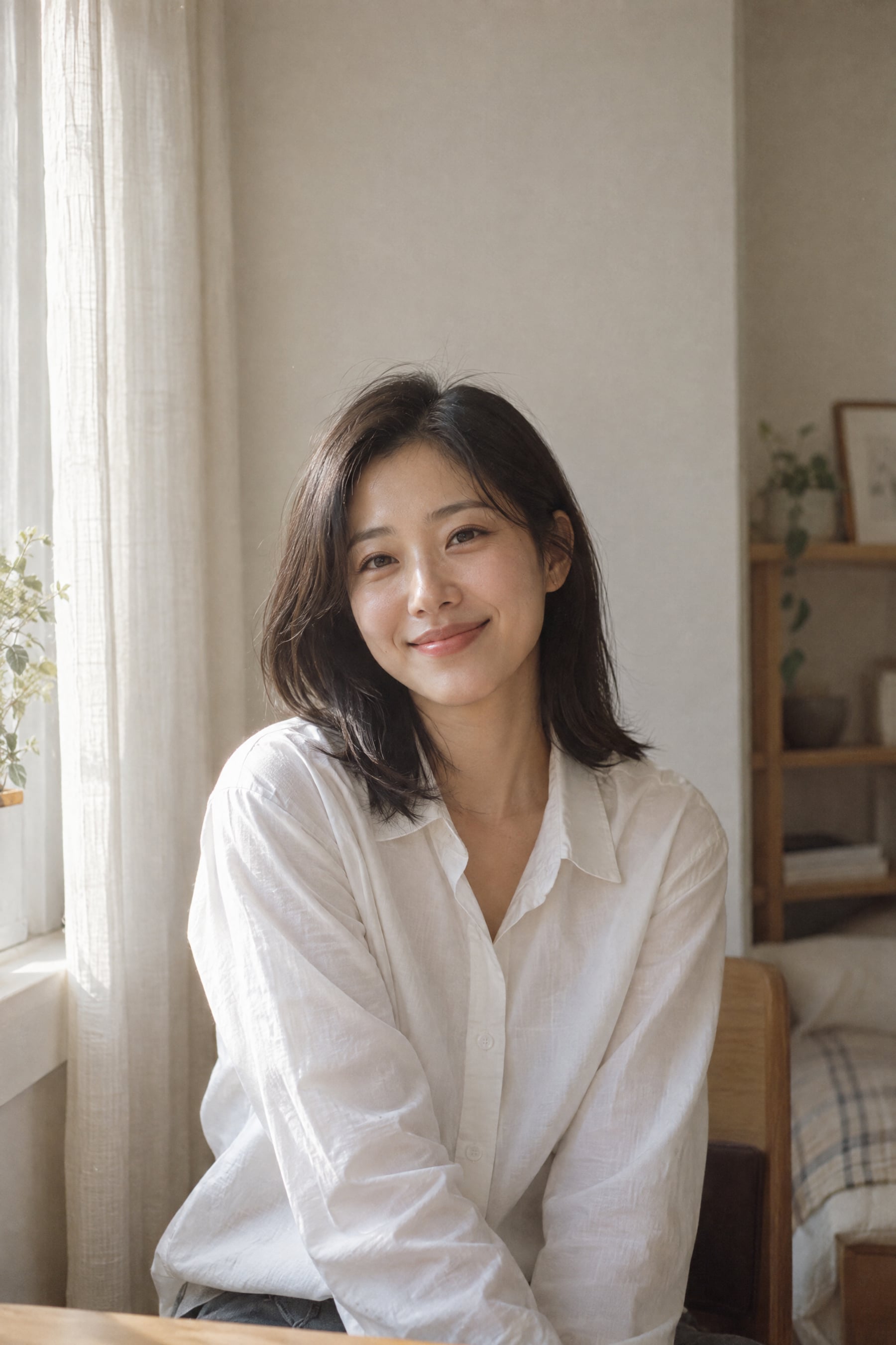 창가 자연광이 드는 방에서 흰 셔츠를 입고 웃는 여성 — 집에서 찍은 인물 사진