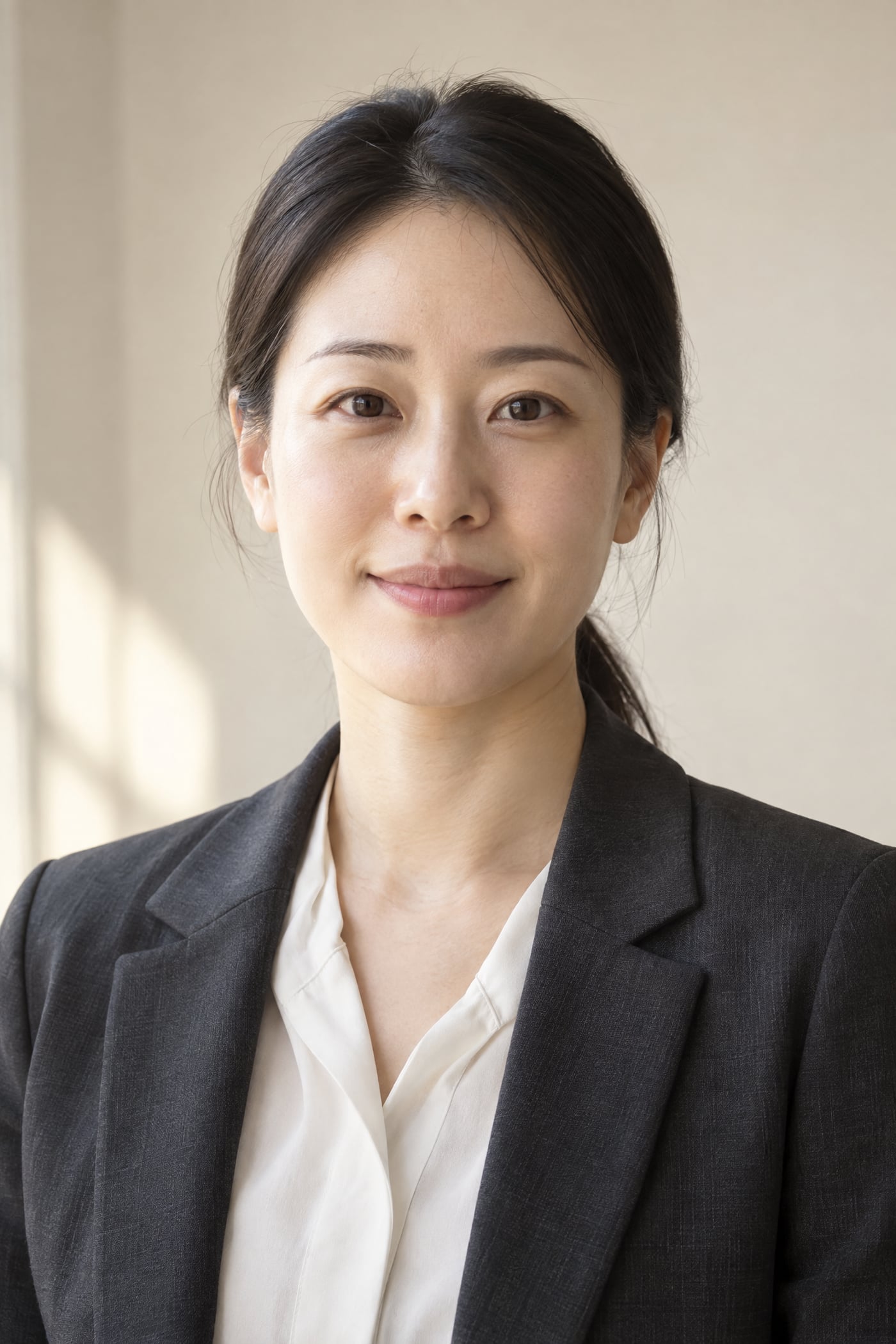 업로드할 사진 예시 — 밝은 실내에서 찍은 정장 재킷 차림 30대 여성의 사진