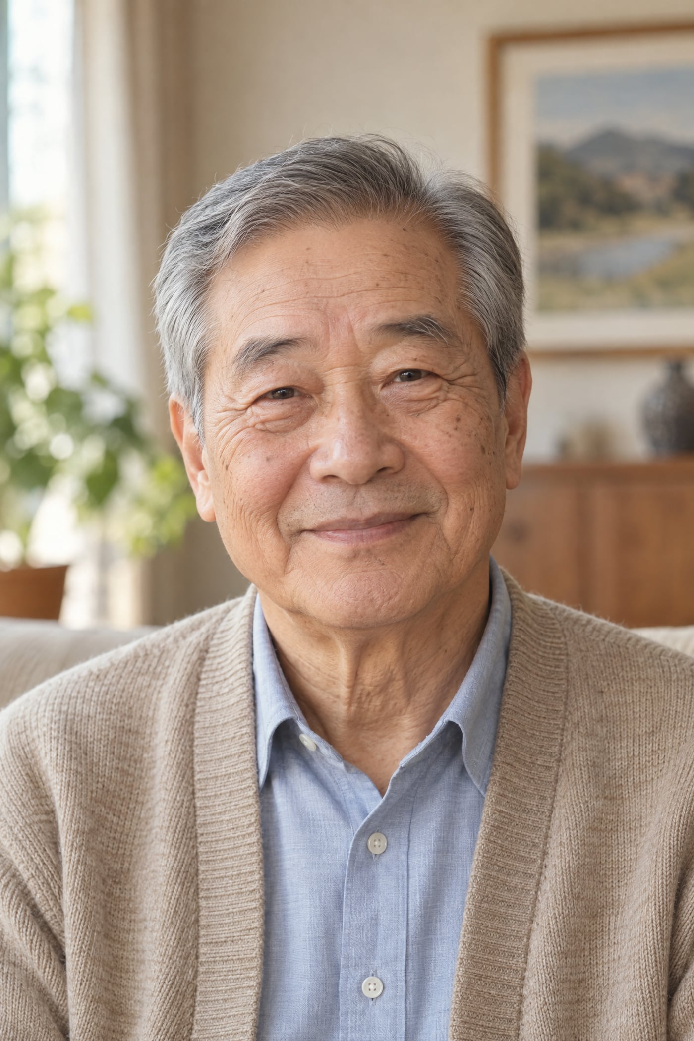 규격 확인 예시 — 거실에서 찍은 카디건 차림 60대 남성 어르신의 사진