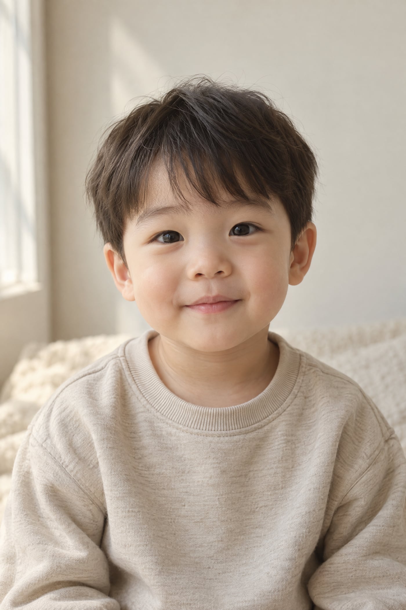 보정 예시 — 거실 소파 앞에서 찍은 세 살 전후 아이의 사진